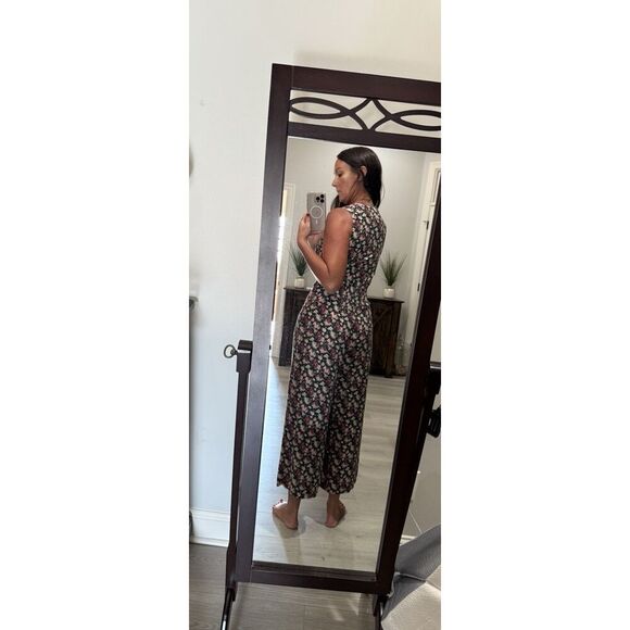 Vtg 90s Floral Romper Wide Leg Pants Jumpsuit Palazzo Crop V Neck Button Y2K 3/4 - Picture 15 of 15